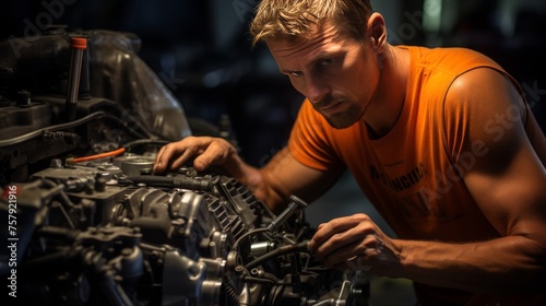 Automotive mechanic performing engine maintenance with new motor oil on a vehicle