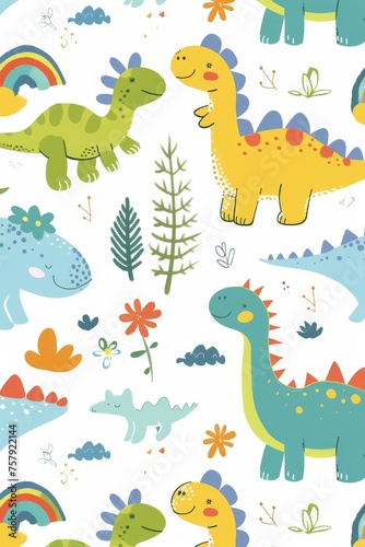 Colorful cartoon dinosaurs in a whimsical landscape. This vibrant image showcases playful cartoon dinosaurs in a variety of colors, surrounded by whimsical flora and other cute elements