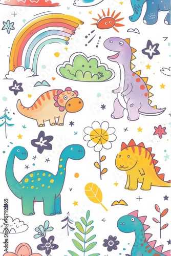 Colorful cartoon dinosaurs in a whimsical landscape. This vibrant image showcases playful cartoon dinosaurs in a variety of colors, surrounded by whimsical flora and other cute elements