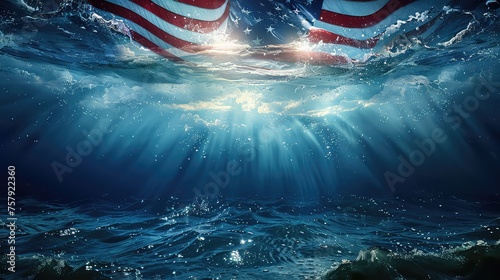 14th June, Underwater view of sea with american flag and rays of light