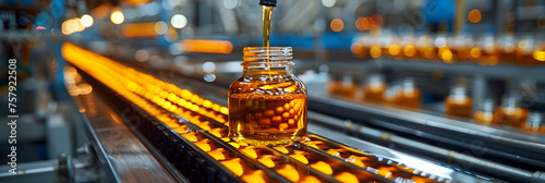 Bottled vegetable oil production in the factory, Conveyor belt with orange bottles 