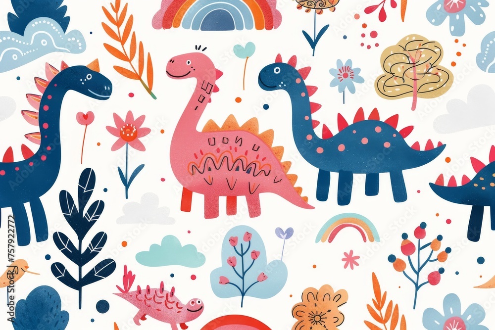 Naklejka premium Colorful cartoon dinosaurs in a whimsical landscape. This vibrant image showcases playful cartoon dinosaurs in a variety of colors, surrounded by whimsical flora and other cute elements