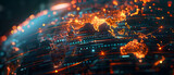 Holographic scene modern creative communication on the world map with describes the technology and communications infrastructure of future cyberspace.