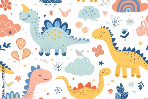 Colorful cartoon dinosaurs in a whimsical landscape. This vibrant image showcases playful cartoon dinosaurs in a variety of colors, surrounded by whimsical flora and other cute elements © MiniMaxi