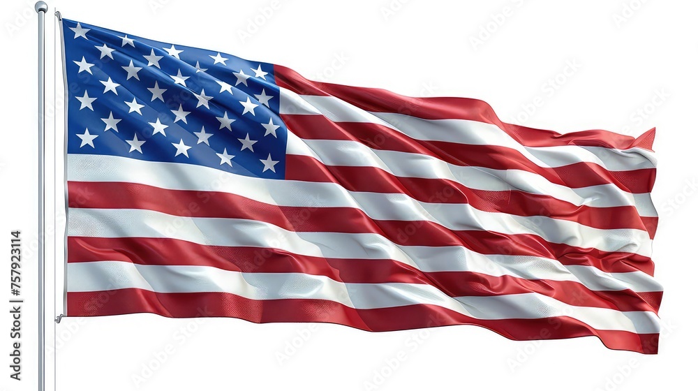 Fototapeta premium 14th june flag day, American flag waving in the wind on a white background