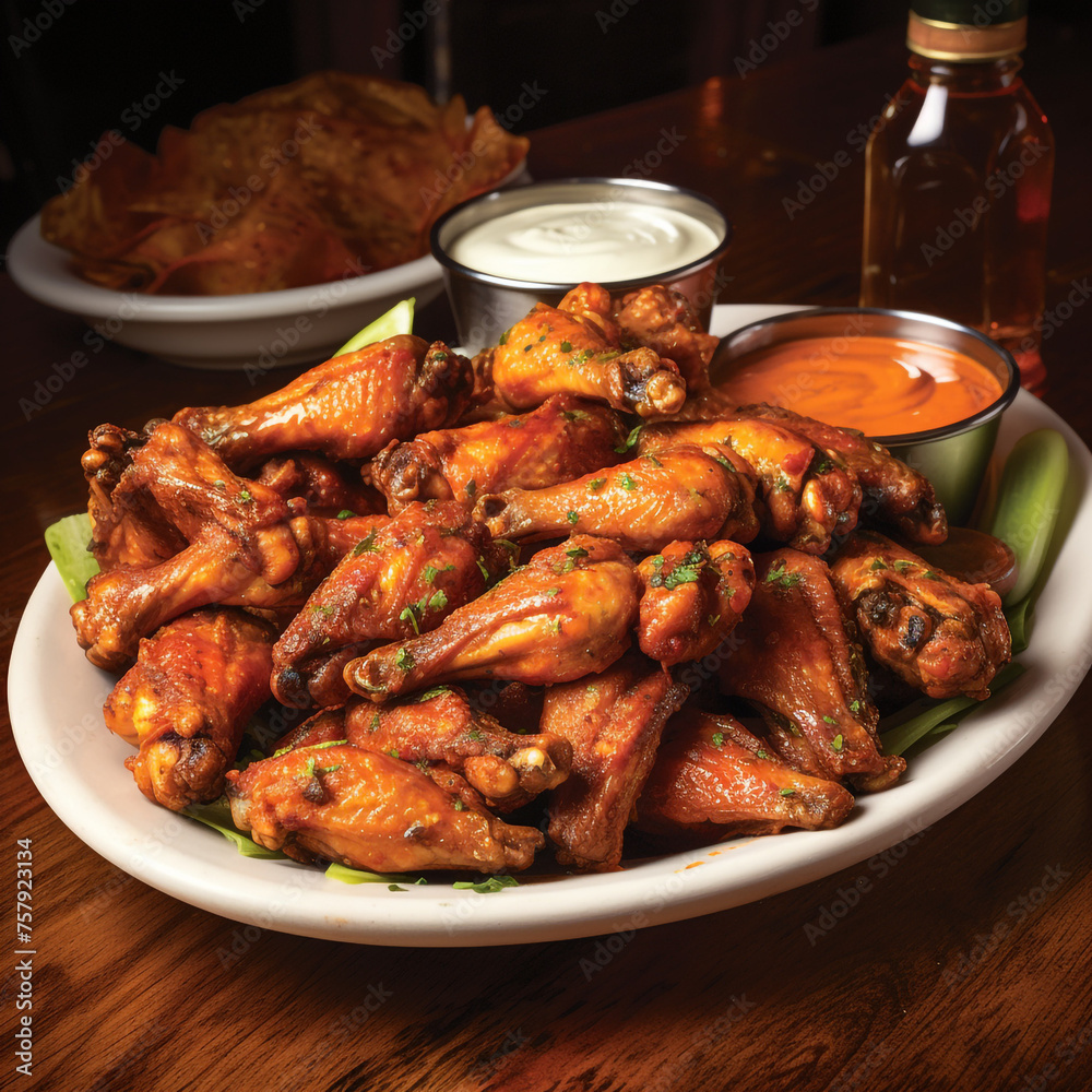 a plate of cooked hot wings with sauce created with Generative Ai a plate of cooked hot wings with sauce created with Generative Ai