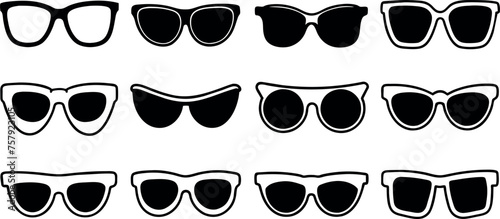 A set of glasses isolated. Vector glasses model icons. Sunglasses, glasses, isolated on white background. Silhouettes. photo