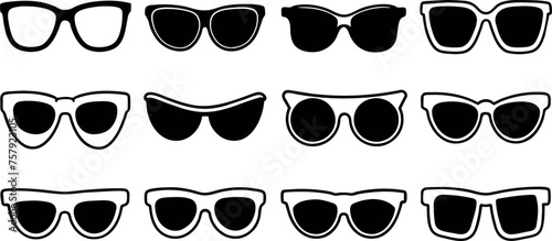 A set of glasses isolated. Vector glasses model icons. Sunglasses, glasses, isolated on white background. Silhouettes.