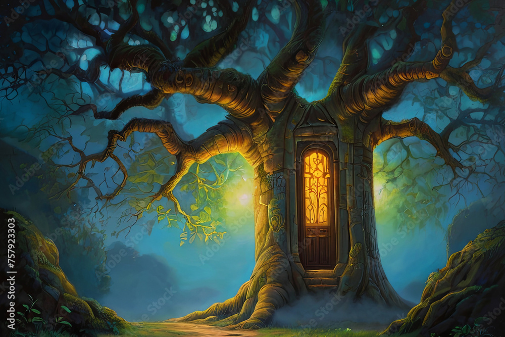 Ancient tree painting. Glowing doorway in trunk leads to luminous, enchanted realm. Surreal and mystical artwork - obrazy, fototapety, plakaty 