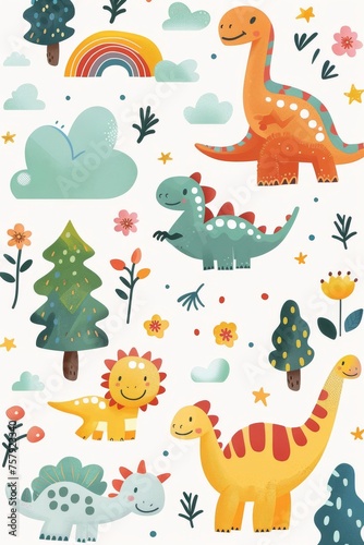 Colorful cartoon dinosaurs in a whimsical landscape. This vibrant image showcases playful cartoon dinosaurs in a variety of colors, surrounded by whimsical flora and other cute elements