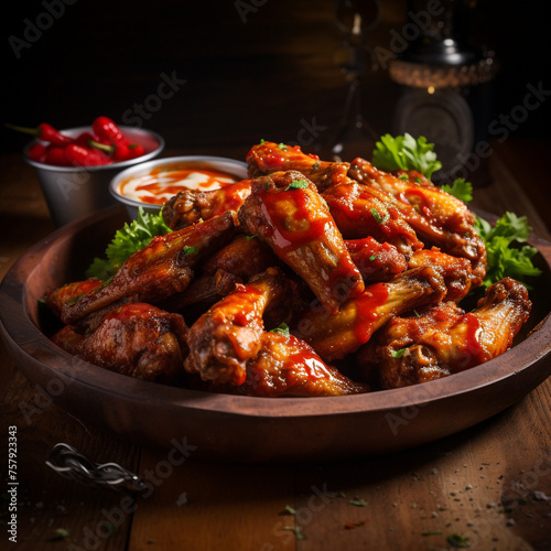 a plate of cooked hot wings with sauce created with Generative Ai