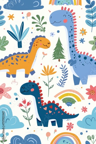 Colorful cartoon dinosaurs in a whimsical landscape. This vibrant image showcases playful cartoon dinosaurs in a variety of colors, surrounded by whimsical flora and other cute elements