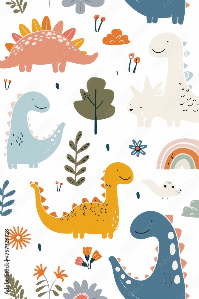 Fototapeta premium Colorful cartoon dinosaurs in a whimsical landscape. This vibrant image showcases playful cartoon dinosaurs in a variety of colors, surrounded by whimsical flora and other cute elements