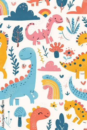 Colorful cartoon dinosaurs in a whimsical landscape. This vibrant image showcases playful cartoon dinosaurs in a variety of colors, surrounded by whimsical flora and other cute elements