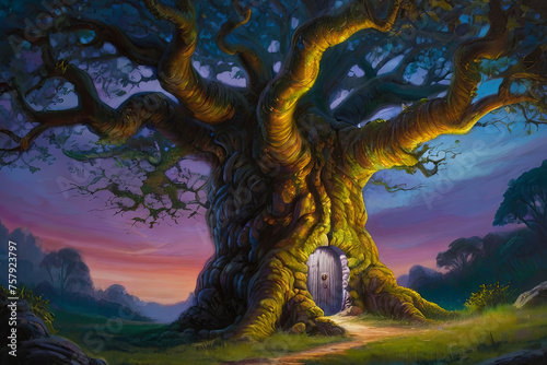 Ancient tree painting. Glowing doorway in trunk leads to luminous  enchanted realm. Surreal and mystical artwork
