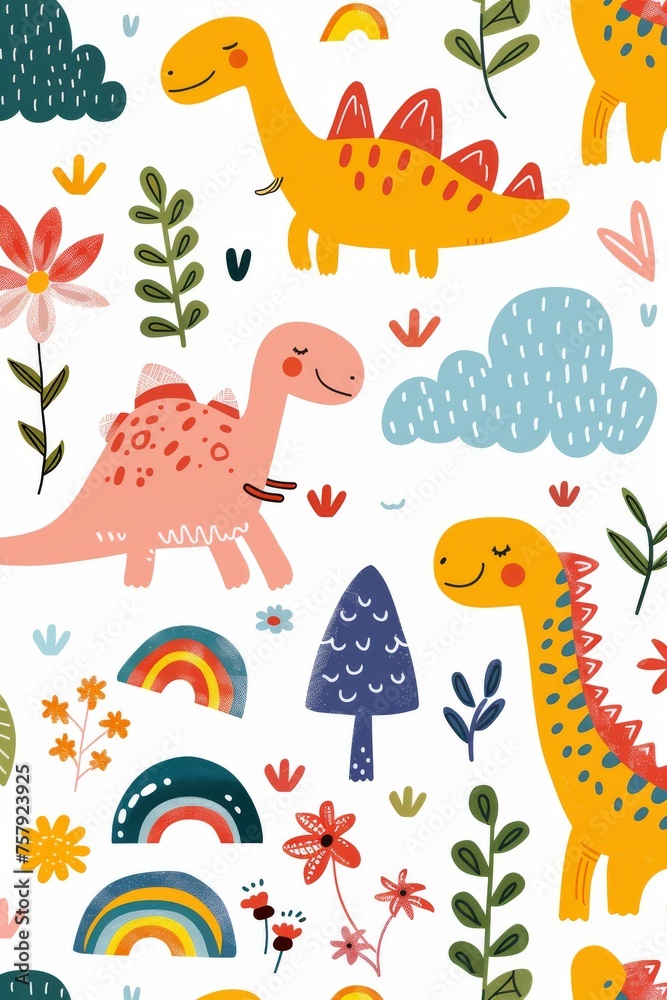 Naklejka premium Colorful cartoon dinosaurs in a whimsical landscape. This vibrant image showcases playful cartoon dinosaurs in a variety of colors, surrounded by whimsical flora and other cute elements