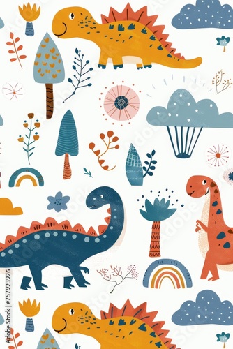 Colorful cartoon dinosaurs in a whimsical landscape. This vibrant image showcases playful cartoon dinosaurs in a variety of colors  surrounded by whimsical flora and other cute elements