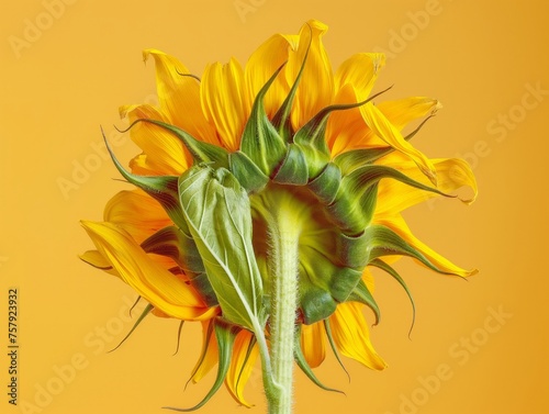 Close-up of a bright yellow sunflower against a monochromatic orange backdrop highlighting the natural beauty and detail of the petals. photo