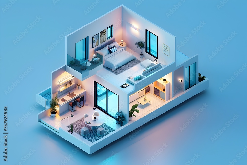 Isometric Apartment Building Interior Image in Dark Sky-Blue and White Isometric Apartment Building Interior Image in Dark Sky-Blue and White