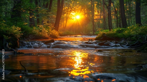Sunset Glow Over Forest Stream