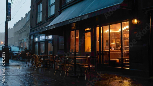 coffee shop in the street i the night with little rain abstract background 