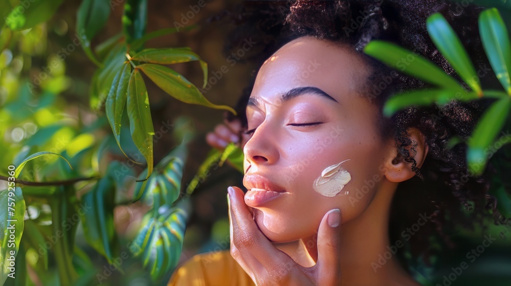 A serene portrait of a model applying a calming serum, with a focus on relaxation and self-care, A serene portrait of a model applying a calming serum, with a focus on relaxation and self-care,