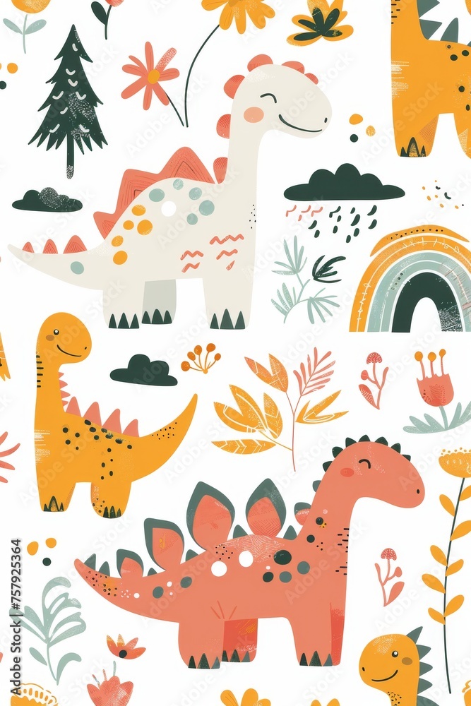Obraz premium Colorful cartoon dinosaurs in a whimsical landscape. This vibrant image showcases playful cartoon dinosaurs in a variety of colors, surrounded by whimsical flora and other cute elements