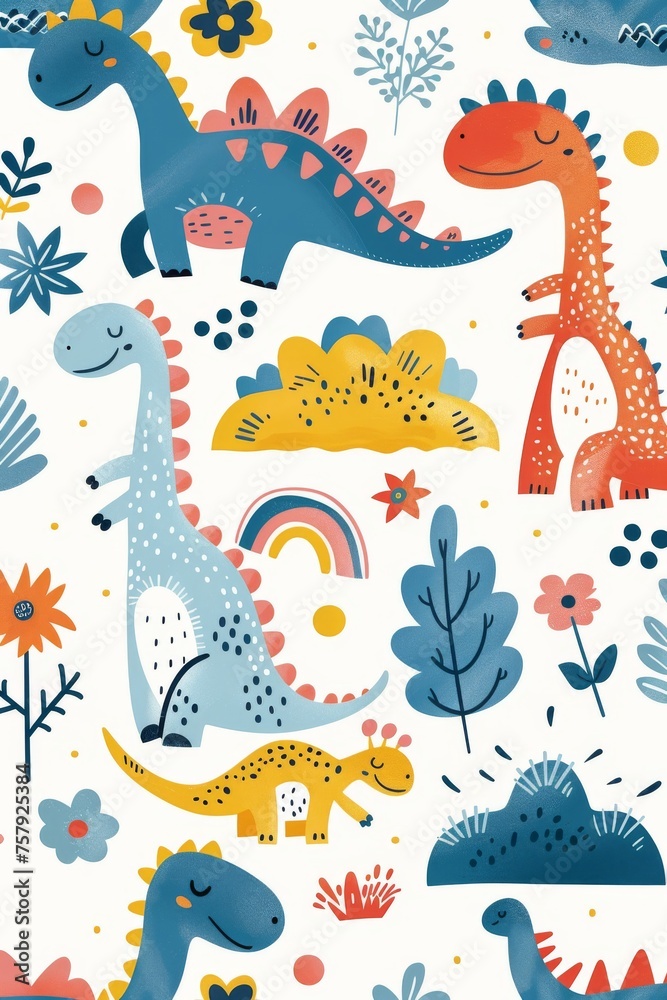 Obraz premium Colorful cartoon dinosaurs in a whimsical landscape. This vibrant image showcases playful cartoon dinosaurs in a variety of colors, surrounded by whimsical flora and other cute elements