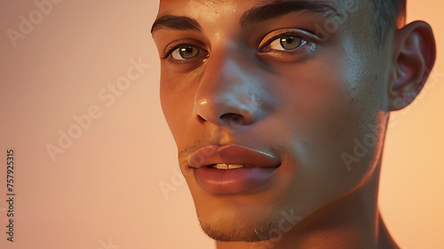 A serene portrait of a male model with a flawless complexion, emphasizing the results of a consistent skincare regimen, 
