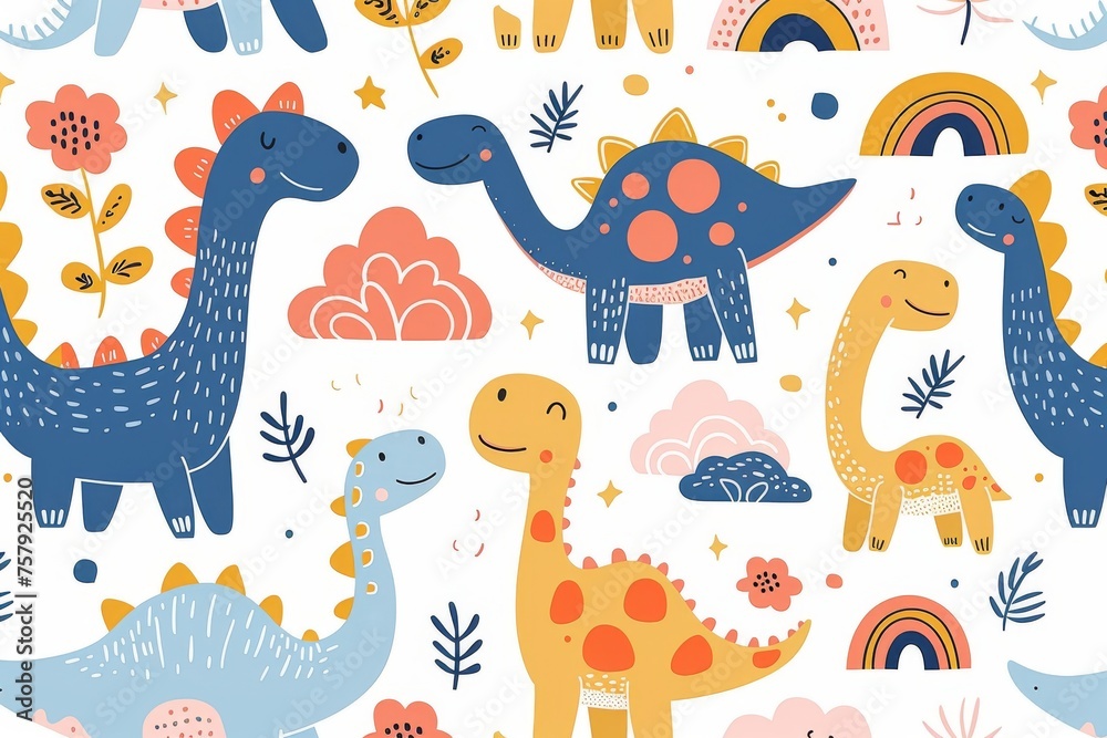 Fototapeta premium Colorful cartoon dinosaurs in a whimsical landscape. This vibrant image showcases playful cartoon dinosaurs in a variety of colors, surrounded by whimsical flora and other cute elements