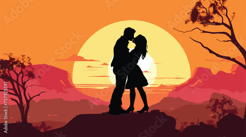 Silhouette of a love couple in monutains on sunset