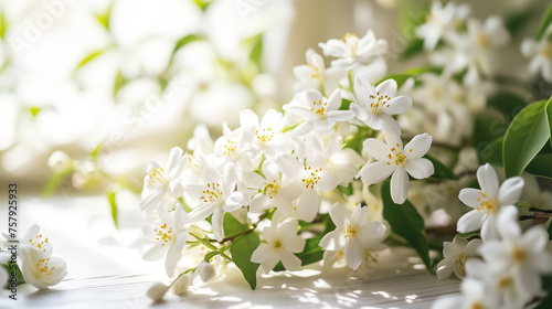 Beautiful white flowers placed on the floor in the room.