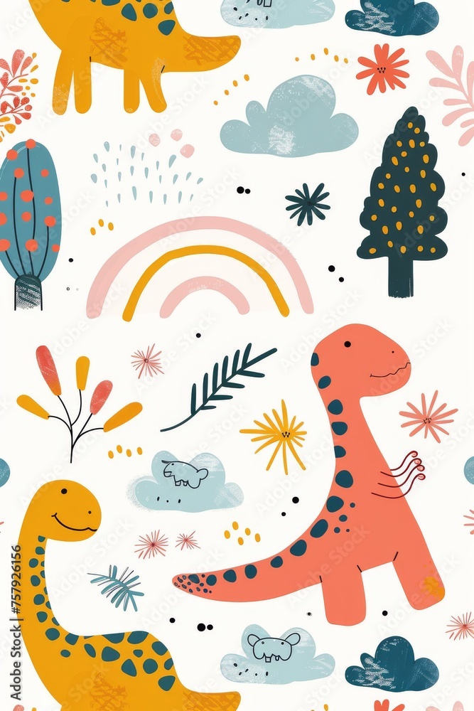 Obraz premium Colorful cartoon dinosaurs in a whimsical landscape. This vibrant image showcases playful cartoon dinosaurs in a variety of colors, surrounded by whimsical flora and other cute elements