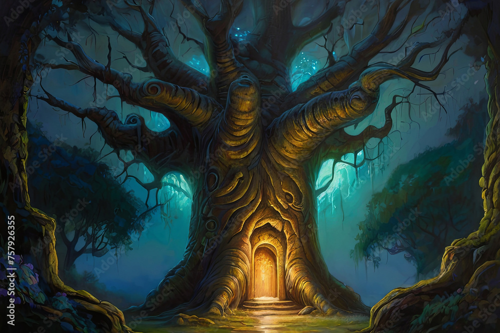 Fototapeta premium Ancient tree painting. Glowing doorway in trunk leads to luminous, enchanted realm. Surreal and mystical artwork