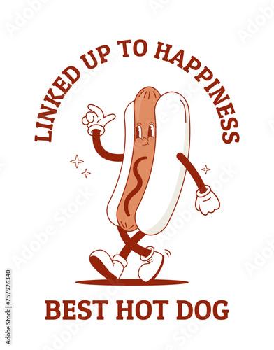 Retro cartoon hot dog character print. Vintage walking sausage mascot, fast food vector illustration. Cute bratwurst poster