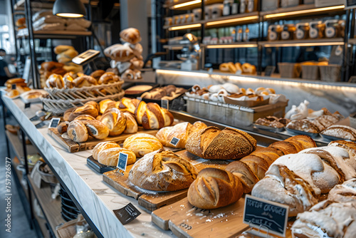 Bakery counter with fresh goods displayed for sale