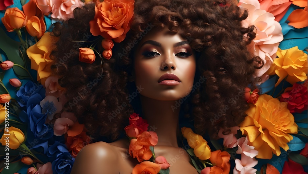 A black woman fashion model is artistically obscured amidst a vibrant array of colorful flowers, creating a visually striking and stylish composition A black woman fashion model is artistically obscured amidst a vibrant array of colorful flowers, creating a visually striking and stylish composition