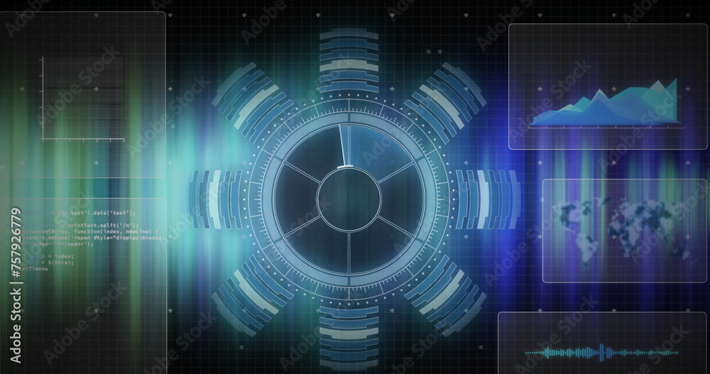 Image of circular scanner and processing data over blue lights on black background Image of circular scanner and processing data over blue lights on black background