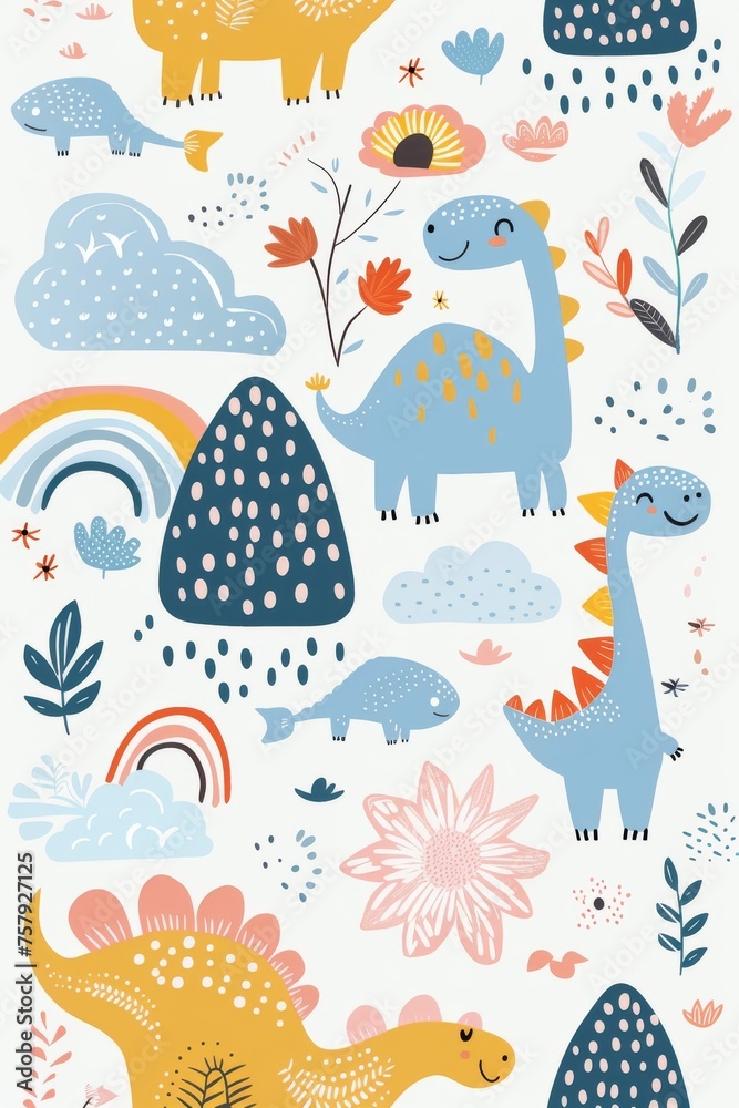 Obraz premium Colorful cartoon dinosaurs in a whimsical landscape. This vibrant image showcases playful cartoon dinosaurs in a variety of colors, surrounded by whimsical flora and other cute elements