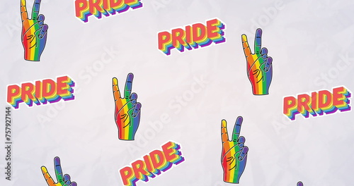 Image of rainbow pride text and victory signs over rainbow background