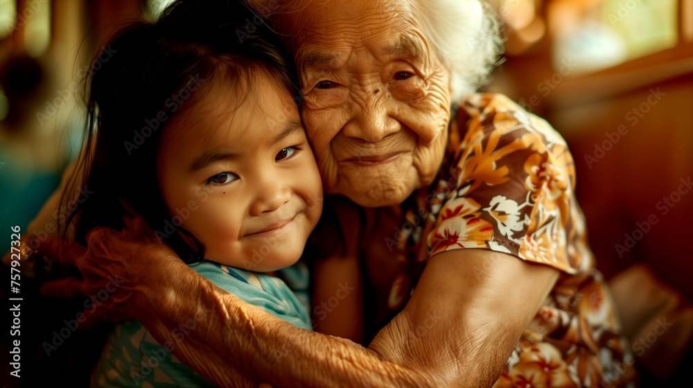 Asian woman hugging her granddaughter. Senior Citizens Day photo.