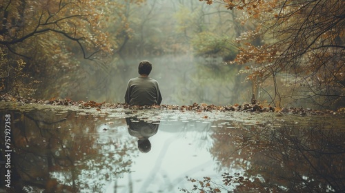 Man Seated by Forest Lake in Autumn