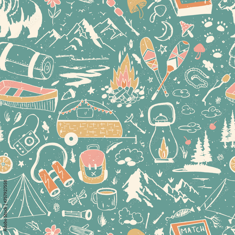 Camping Life Adventure Sketched Vector Seamless Pattern