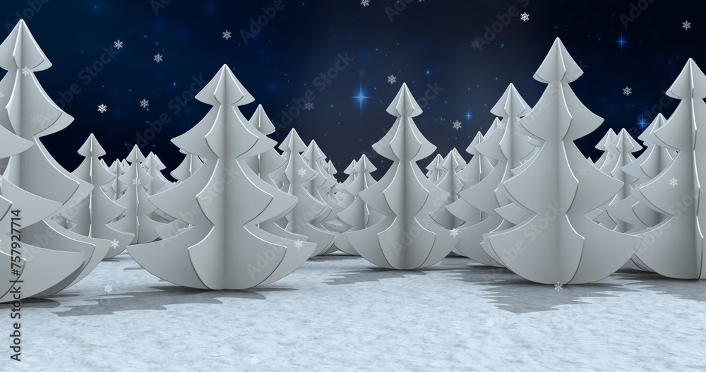 Fototapeta premium Snowflakes falling over multiple trees on winter landscape against blue shining stars in night sky