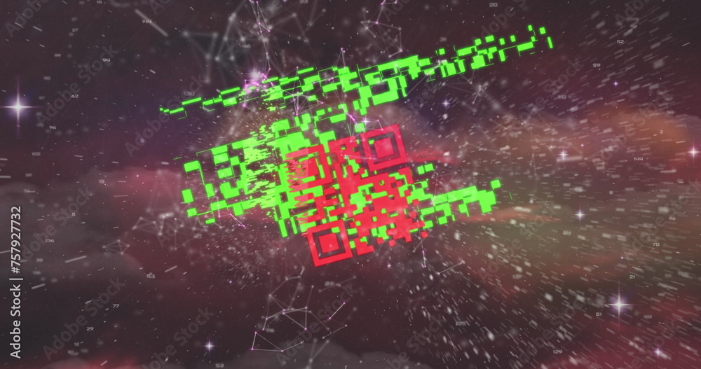 Obraz premium Image of a colourful QR code with a web of connection over a space cloud and a galaxy