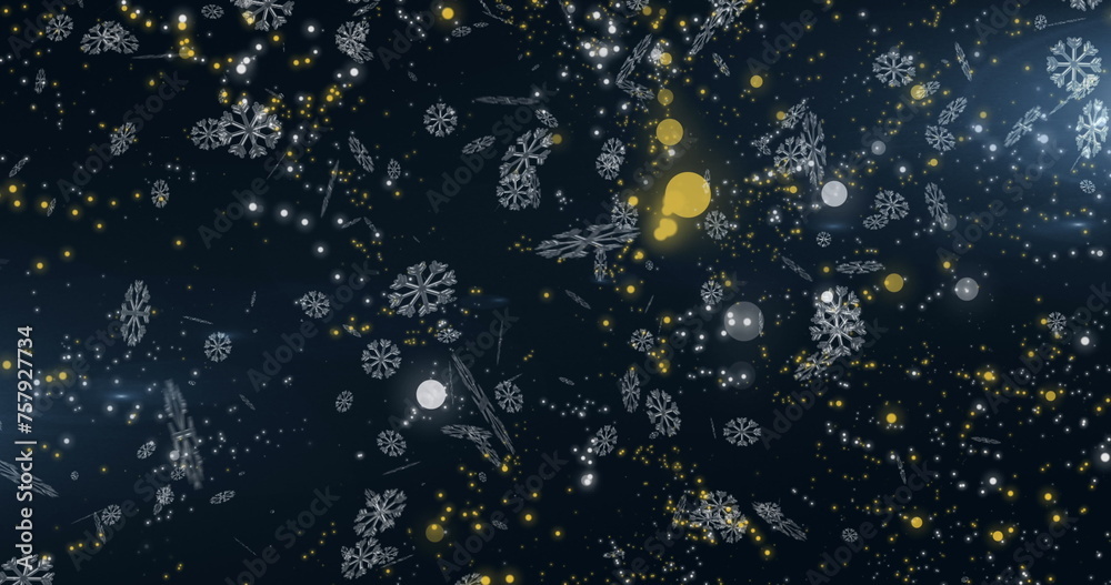 Digital image of snowflakes falling against yellow spots of light on blue background