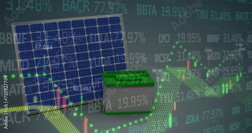 Image of financial data and graphs over solar panels