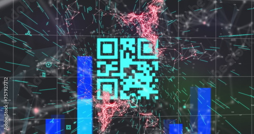 Image of a blue QR code over a red web of connection, blue graph appearing and a blue world map over