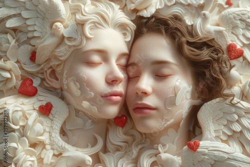 Two women showcasing their love with their faces covered in white and red hearts.