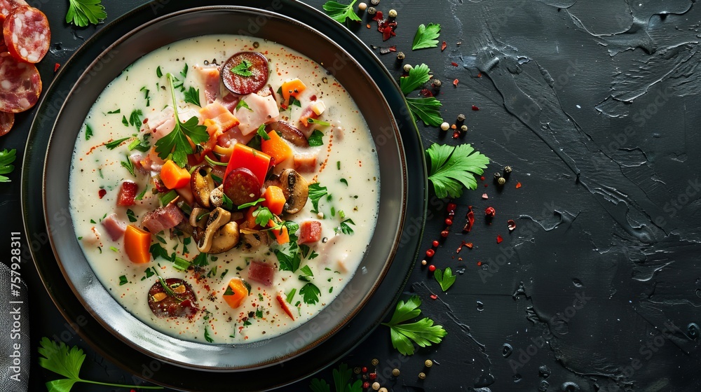 Close-up of Polish white borscht on a table, accompanied by vegetables, bacon, smoked sausage, and dried mushrooms. top view from above, vertical Close-up of Polish white borscht on a table, accompanied by vegetables, bacon, smoked sausage, and dried mushrooms. top view from above, vertical